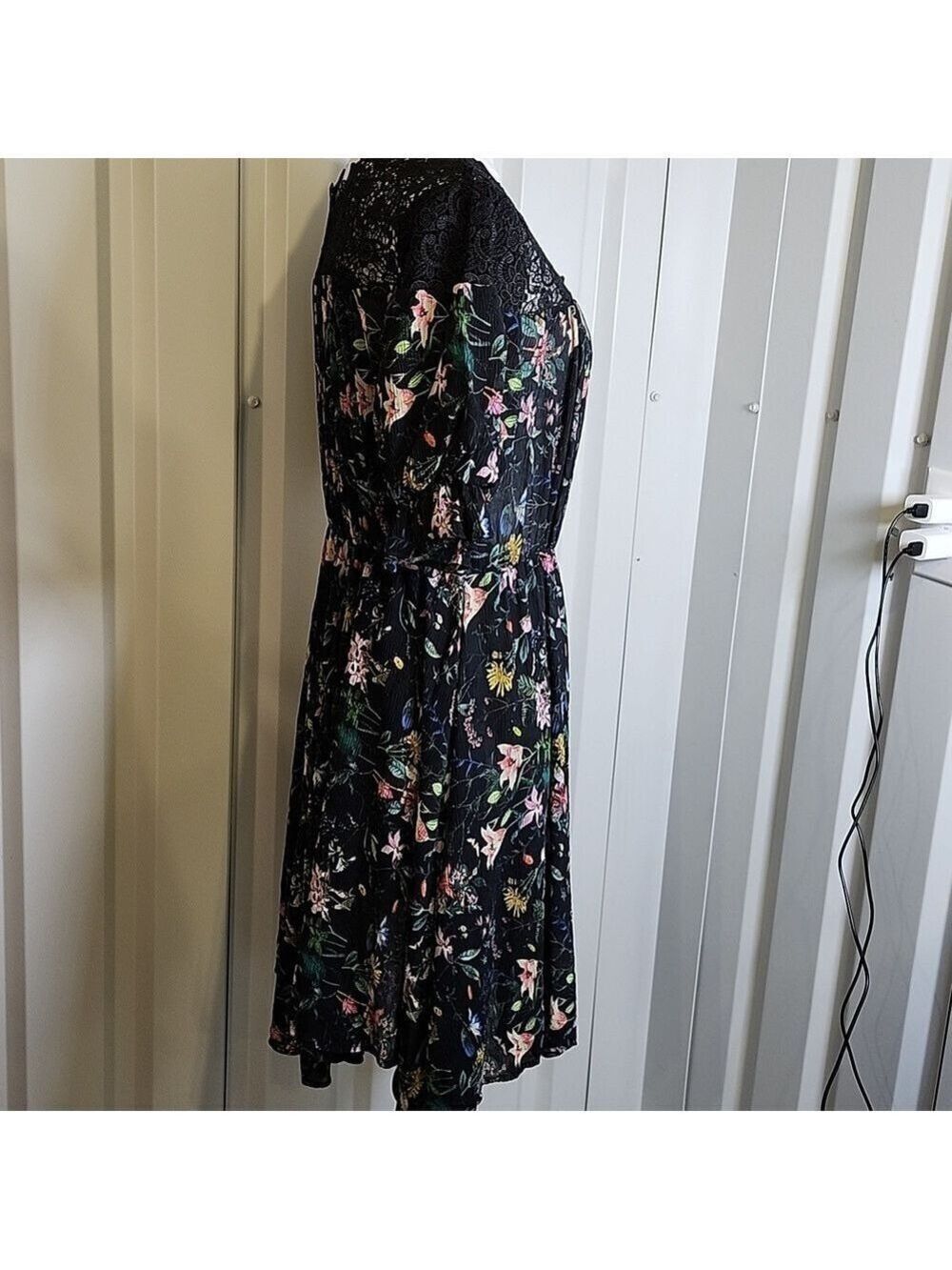The Kooples Black Floral Midi Dress Lace Inset Top Size Medium Puff Sleeves - Picture 2 of 10